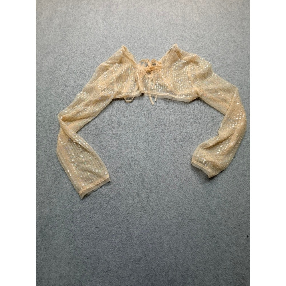 Zara Sequin Mesh Bolero Shrug Lace Up Tie Front Cropped Top Beige Champagne L